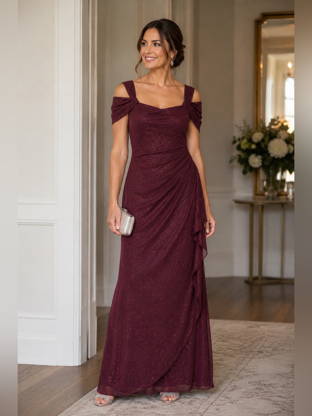 Alex Evenings Burgundy Glitter Cold Shoulder Formal Evening Gown